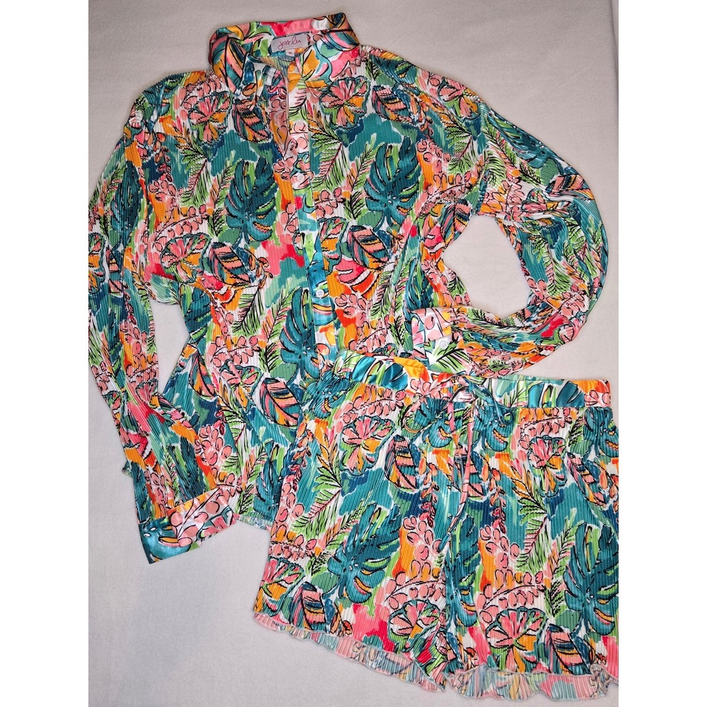 Jess Lea Tropical Floral Pleated Two Piece Set Shirt and Shorts Teal Pink Medium